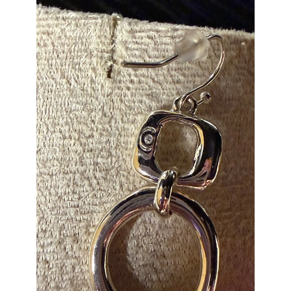 Chicos Silver Tone Navy Blue Enamel Geometric Link Drop Earrings French Wire